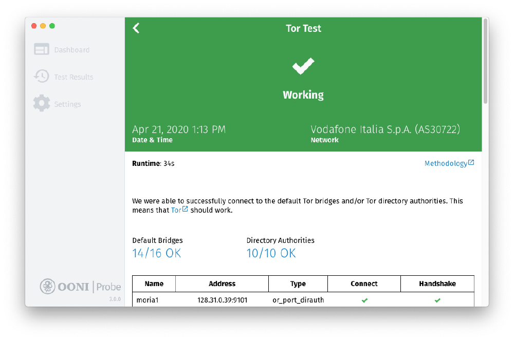 OONI Probe Tor result